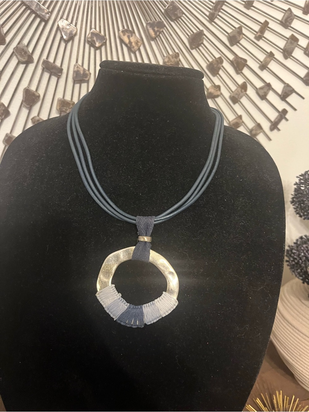 Chico’s Elegant Navy Blue Cord Necklace with Silver Ring Pendant New